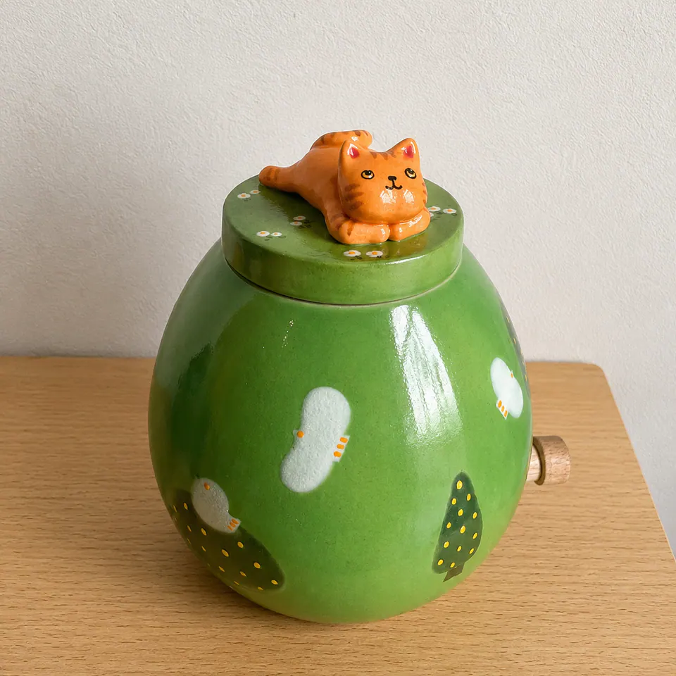 Green personalized ceramic urn with a hand-modeled orange cat