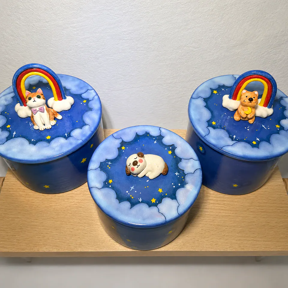 Rainbow remembrance urns, an example of our handcrafted ceramic collection