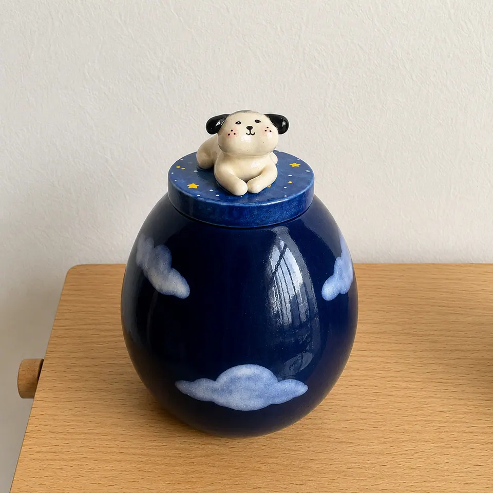 Deep blue personalized ceramic urn with a hand-modeled dog