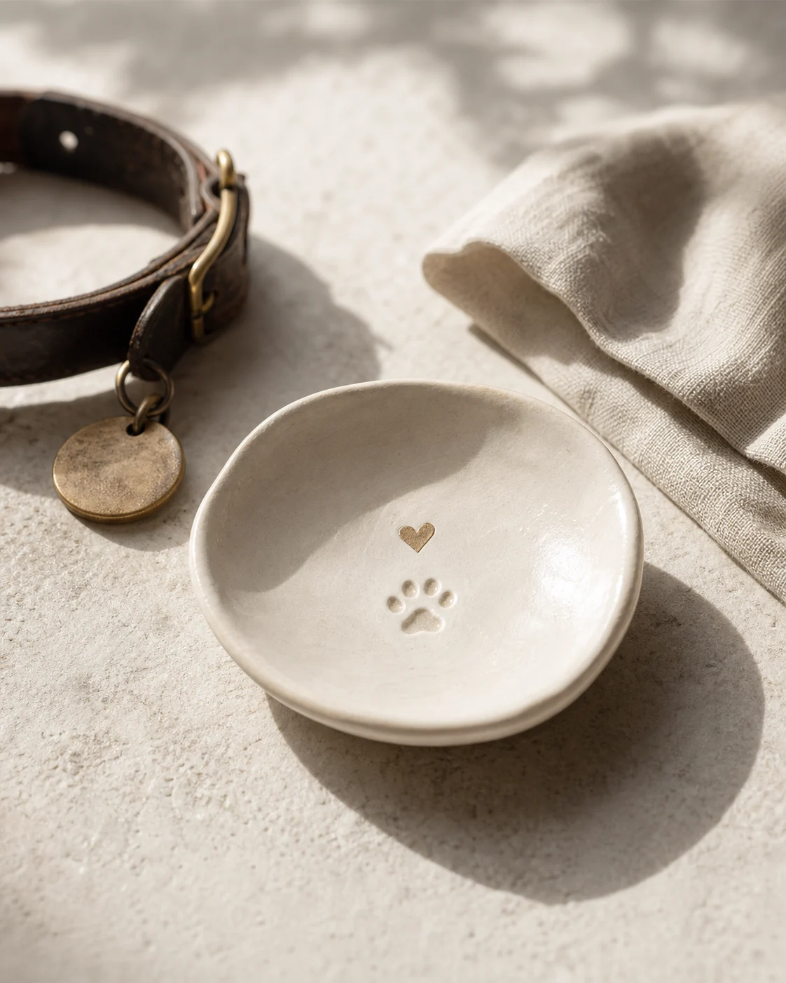 A small ceramic keepsake dish beside a pet collar