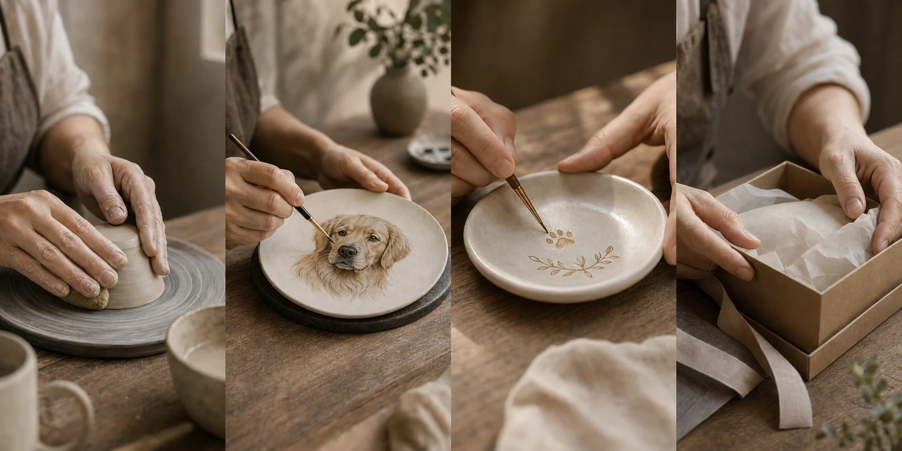 Four stages of ceramic creation, portrait painting, personalization, and packaging