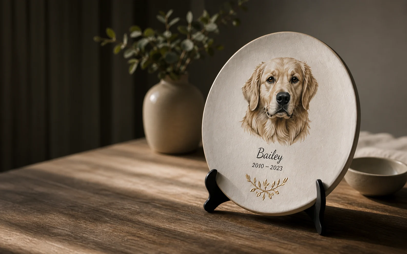 A handcrafted ceramic memorial plate featuring a golden retriever portrait