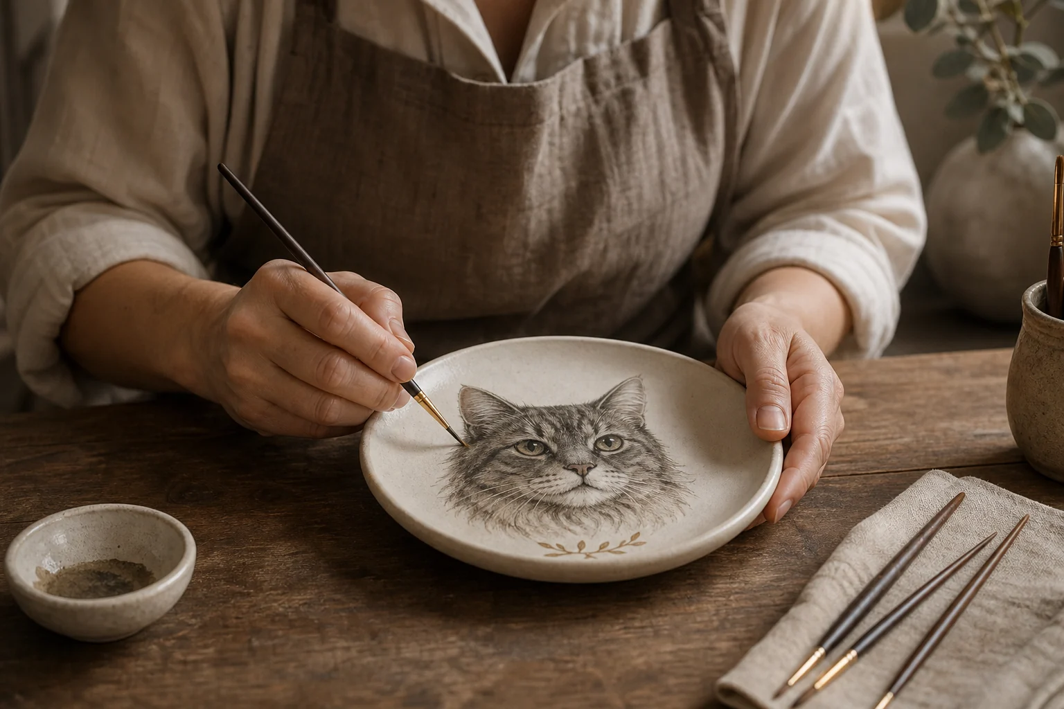 An artisan hand-painting a cat portrait on a ceramic plate